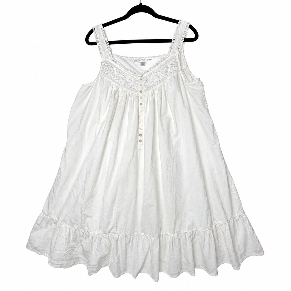 Eileen West 100% Cotton Nightgown L White Lace Embroidered Cottagecore Ruffle